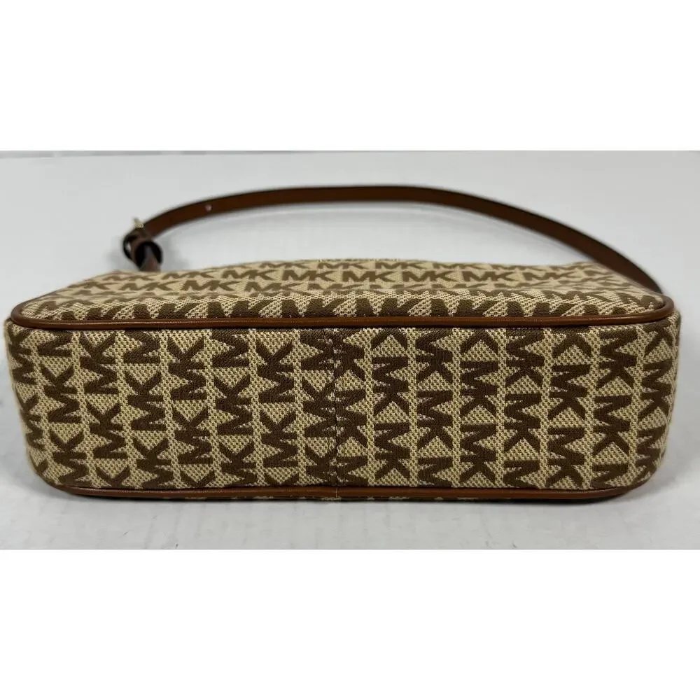 Michael Kors MK Logo Jacquard Shoulder Bag Brown Beige Gold Tone Hardware